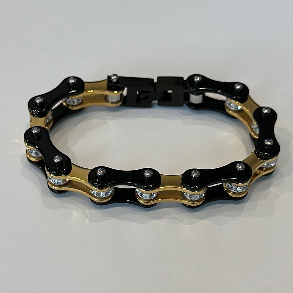 Black and Gold Bike Chain Bracelet with Clear Stones